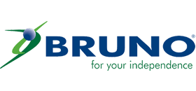 Logo of Bruno featuring a stylized green and blue abstract design next to the text 'BRUNO' in blue uppercase letters, with the tagline 'for your independence' in smaller green lowercase letters below 'BRUNO'.
