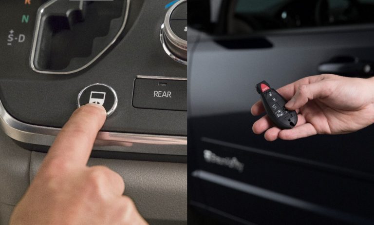 Hand pressing button to deploy wheelchair ramp