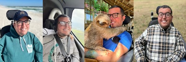 Image 1: Cory at the beach Image 2: Cory in a helicopter Image 3: Cory with a sloth Image 4: Cory in a field