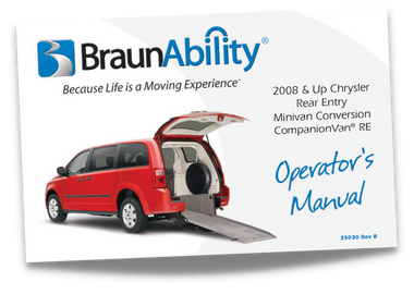 Owner's manual cover page for the BraunAbility Chrysler Dodge CompanionVan RE wheelchair accessible van