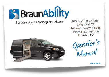 Owner's manual cover page for the BraunAbility Chrysler Dodge Power Foldout XT wheelchair accessible vehicle