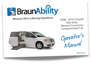Owner's manual cover page for the BraunAbility Chrysler Dodge CompanionVan SE wheelchair accessible van