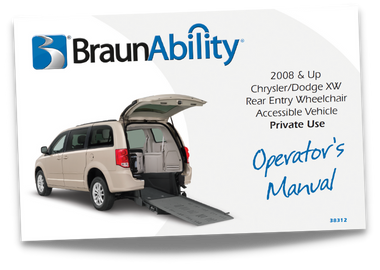 Owner's manual cover page for the BraunAbility Chrysler Dodge manual rear entry wheelchair accessible van