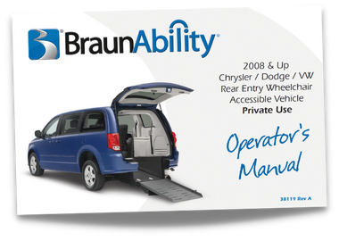 Owner's manual cover page for the BraunAbility Chrysler Dodge power rear entry wheelchair accessible van