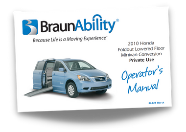 Owner's manual cover page for the BraunAbility Honda Odyssey Power Foldout wheelchair accessible van