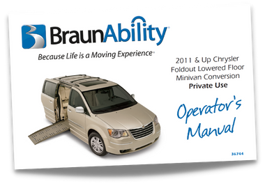 Owner's manual cover page for the BraunAbility Chrysler Dodge Power Foldout wheelchair accessible van