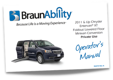 Owner's manual cover page for the BraunAbility Chrysler Dodge Power Foldout XT wheelchair accessible vehicle