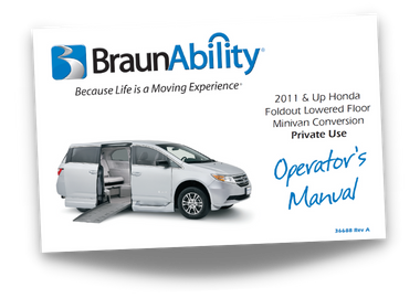 Owner's manual cover page for the BraunAbility Honda Odyssey Power Foldout wheelchair accessible van