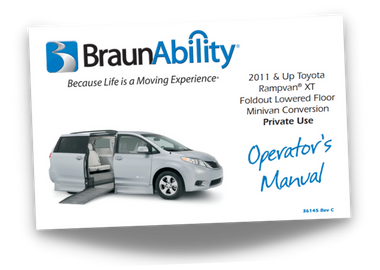 Owner's manual cover page for the BraunAbility Toyota Sienna Power Foldout wheelchair accessible van