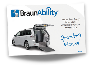 Owner's manual cover page for the BraunAbility Toyota Sienna Rear Entry wheelchair accessible van