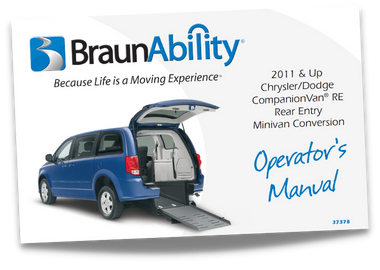 Owner's manual cover page for the BraunAbility Chrysler Dodge CompanionVan RE wheelchair accessible van