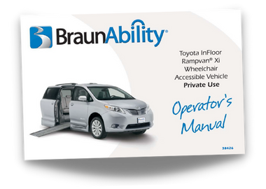 Owner's manual cover page for the BraunAbility Toyota Sienna Infloor wheelchair accessible van