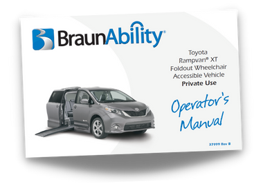 Owner's manual cover page for the BraunAbility Toyota Sienna Power Foldout wheelchair accessible van