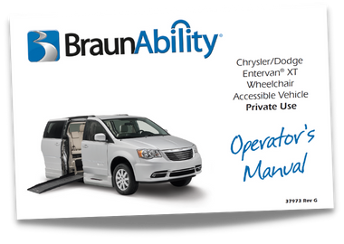 Owner's manual cover page for the BraunAbility Chrysler Dodge Power Foldout XT wheelchair accessible van