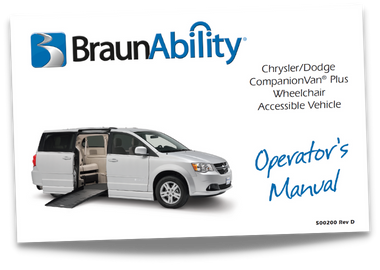 Owner's manual cover page for the BraunAbility Chrysler Dodge CompanionVan Plus wheelchair accessible van