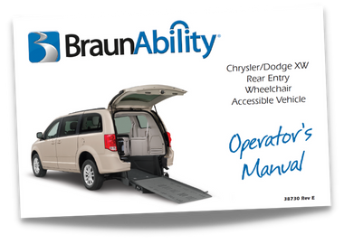 Owner's manual cover page for the BraunAbility Chrysler Dodge manual rear entry wheelchair accessible van
