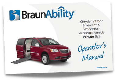 Owner's manual cover page for the BraunAbility Chrysler Dodge Power Infloor wheelchair accessible van