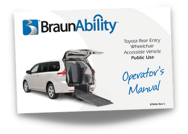 Owner's manual cover page for the BraunAbility Toyota Sienna Rear Entry wheelchair accessible van