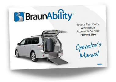 Owner's manual cover page for the BraunAbility Toyota Sienna Rear Entry wheelchair accessible van