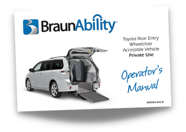 Owner's manual cover page for the BraunAbility Toyota Sienna Rear Entry wheelchair accessible van