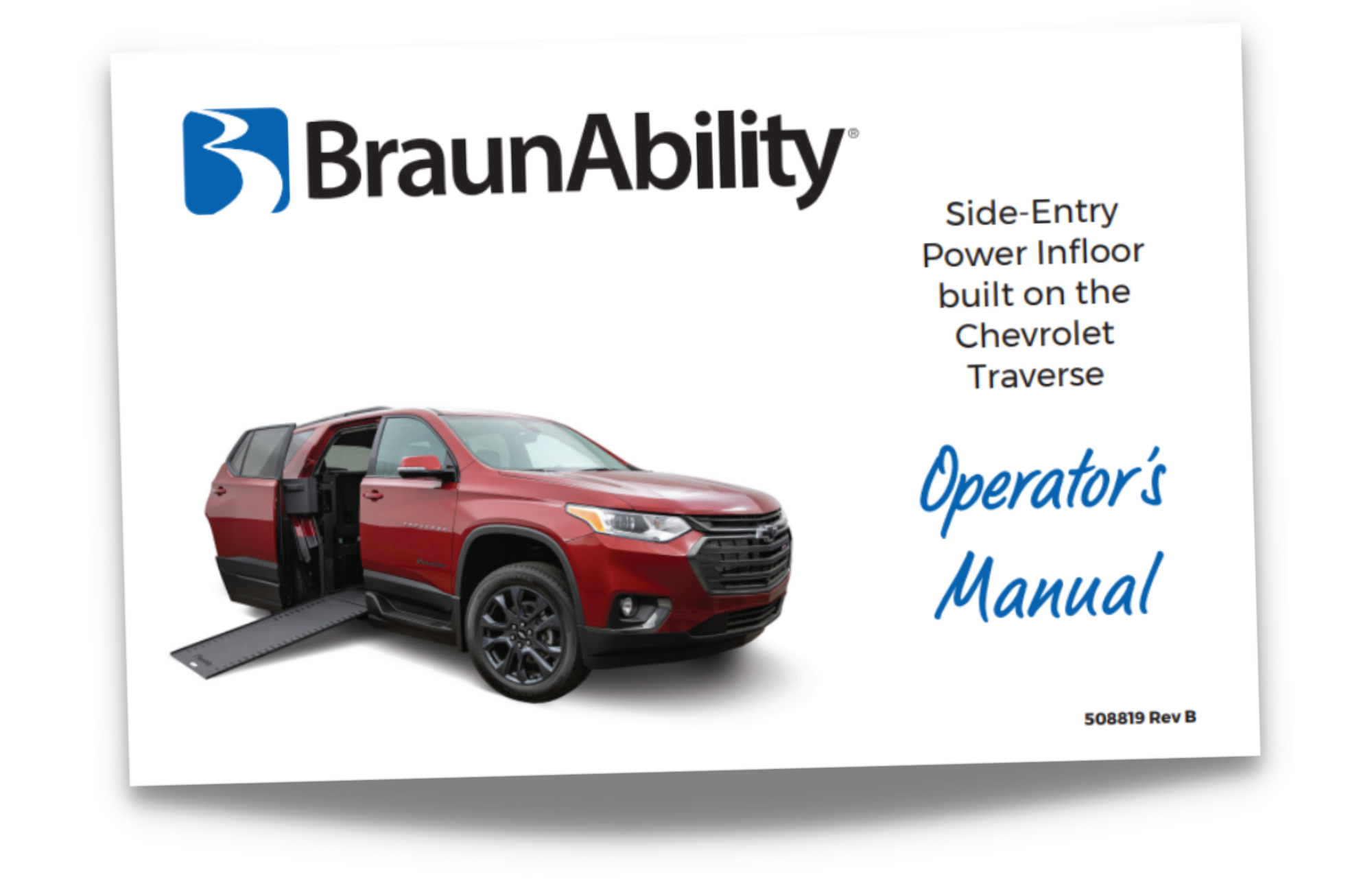 Cover page of the owner's manual for the Braunability Chevrolet Traverse side-entry power infloor wheelchair accessible SUV