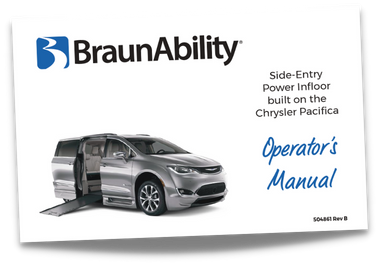 Owner's manual cover page for the BraunAbility Chrysler Pacifica Power Infloor wheelchair accessible van
