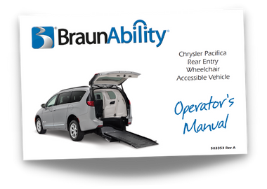 Owner's manual cover for the BraunAbility Rear-Entry wheelchair accessible vehicle built on the Chrysler Pacifica and Chrysler Voyager