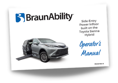 Owner's manual cover page for the BraunAbility Power Infloor wheelchair accessibe van built on the Toyota Sienna Hybrid