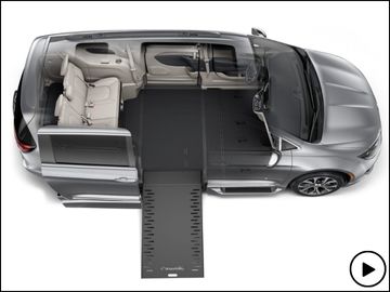 Bird's-eye view of the interior of a BraunAbility Chrysler Pacifica wheelchair van with driver and front passenger seats removed
