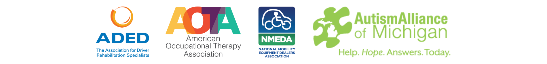 Logos for ADED - The Association of Driver Rehabilitation Specialists, AOTA - American Occupational Therapy Association, NMEDA - The National Mobility Equipment Dealers Assocation, and the Autism Alliance of Michigan