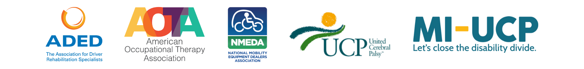 Logos for ADED - The Association of Driver Rehabilitation Specialists, AOTA - American Occupational Therapy Association, NMEDA - The National Mobility Equipment Dealers Assocation, United Cerebral Palsy, and Michigan United Cerebral Palsy