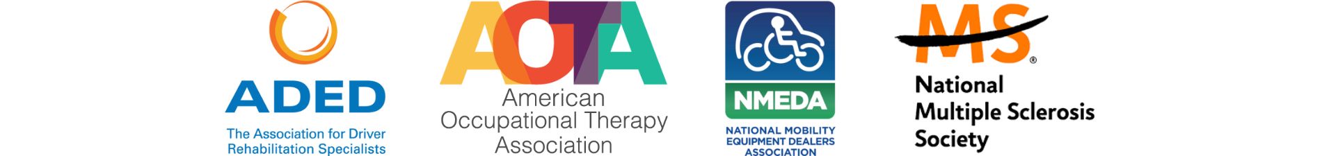 Logos for ADED - The Association of Driver Rehabilitation Specialists, AOTA - American Occupational Therapy Association, NMEDA - The National Mobility Equipment Dealers Assocation, and the Multiple Sclerosis Society