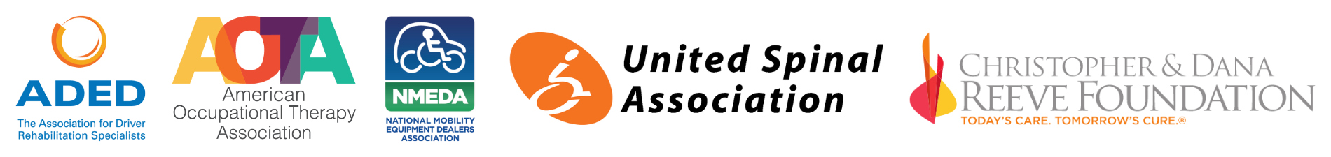 Logos for ADED - The Association of Driver Rehabilitation Specialists, AOTA - American Occupational Therapy Association, NMEDA - The National Mobility Equipment Dealers Assocation, United Spinal Association, and the Christopher & Dana Reeve Foundation