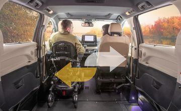 Driver and passenger in a Toyota Sienna wheelchair accessible van. The driver is seated in a power wheelchair.