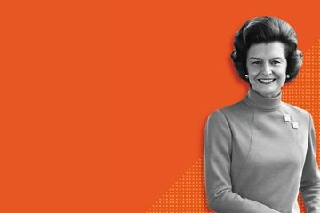 Betty Bloomer Ford in black and white portrait on organge background