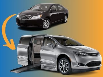 Black sedan with arrow pointing to a wheelchair accessible minivan