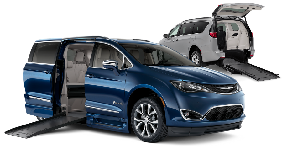Side-entry wheelchair accessible rental van with ramp deployed from the passenger-side sliding door. Rear-entry wheelchair accessible rental van with ramp deployed from the rear lift gate.