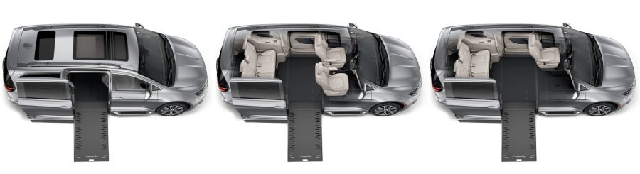Three overhead image of a side-entry wheelchair accessible Chrysler Pacifica with a wheelchair ramp deployed from the passenger-side sliding door. The first image is an exterior view. In the second image, the roof has been removed to show the interior layout. In the third image, the has been removed to show interior layout with front-passenger seat removed.