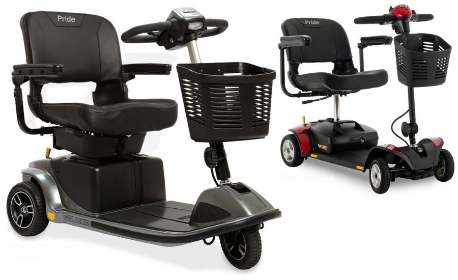 3-wheel mid-size mobility scooter and 4-wheel travel-size mobility scooter