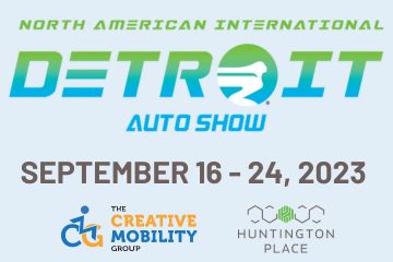 North American International Detroit Auto Show logo, The Creative Mobility Group logo, and Huntington Place logo with image text, "September 16-24, 2023"