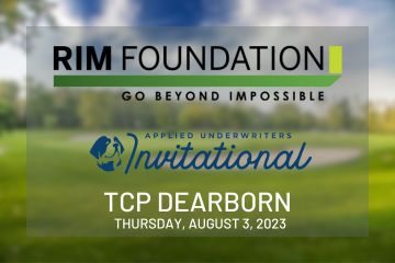Golfcourse landscape with RIM Foundation and Applied Underwriters Invitational logos. Image text: TCP Dearborn, Thursday, August 3, 2023