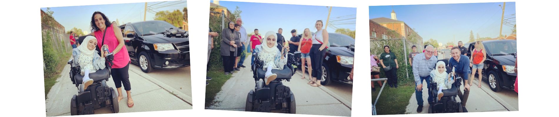 Three photos of woman receiving a wheelchair accessible van from community members