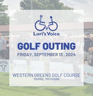Promotional image for Lori's Voice Golf Outing on Friday, September 13, 2024, at Western Greens Golf Course in Marne, Michigan. The image features the Lori's Voice logo and event details over a background of participants at a previous golf event.