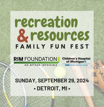 Promotional image for the Recreation & Resources Family Fun Fest on Sunday, September 29, 2024, in Detroit, MI. The image includes logos of RIM Foundation and Children's Hospital of Michigan, along with visuals of tennis rackets, a tennis ball, and other sports equipment.