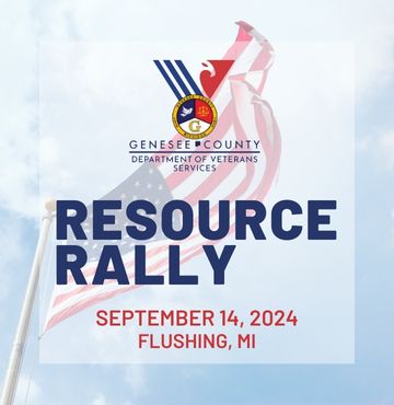 Logo of the Genesee County Department of Veterans Services with a background of an American flag. The text reads: "Resource Rally, September 14, 2024, Flushing, MI."