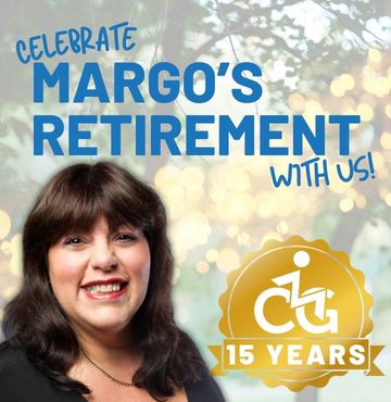 Celebratory graphic for Margo Vranic’s retirement. Features a smiling portrait of Margo with a festive background of warm lights. Bold blue text reads 'Celebrate Margo’s Retirement with Us!' with a gold ribbon badge displaying '15 Years' and The Creative Mobility Group’s logo.
