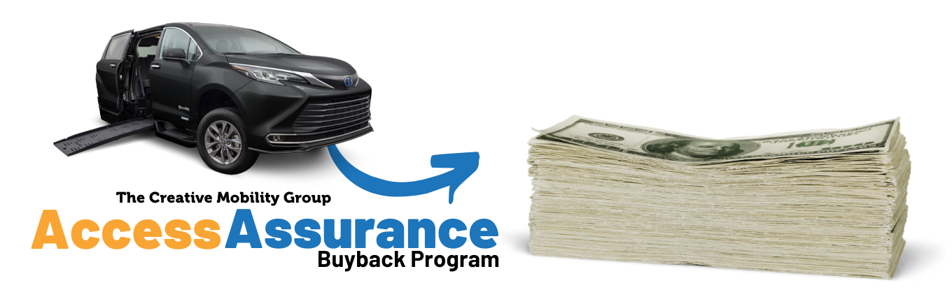 A black wheelchair accessible Toyota Sienna with a deployed ramp on the left, an arrow pointing to a stack of hundred-dollar bills on the right. Below, the text reads 'Access Assurance' in bold, with 'Access' in orange and 'Assurance' in blue, representing The Creative Mobility Group's buyback program.