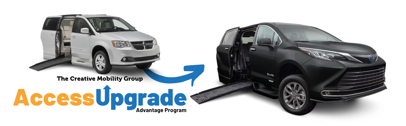 Two wheelchair accessible vehicles side by side with an arrow pointing from an older white Dodge Grand Caravan to a newer black Toyota Sienna. Below the vehicles is the text 'AccessUpgrade' with 'Access' in orange and 'Upgrade' in blue.