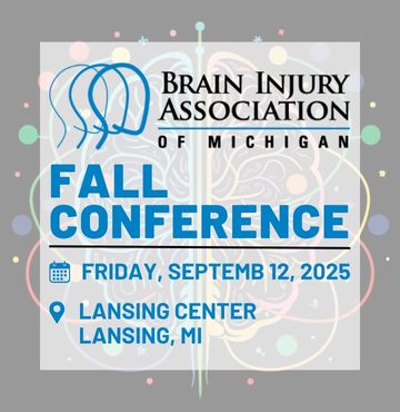 A promotional graphic for the 2025 BIAMI Fall Conference. The background features a faint, stylized brain illustration with colorful connecting dots, symbolizing connectivity and neural pathways. The event details—“Friday, September 12, 2025 | Lansing Center, Lansing, MI”—are prominently displayed in bold blue text, along with the Brain Injury Association of Michigan logo at the top.