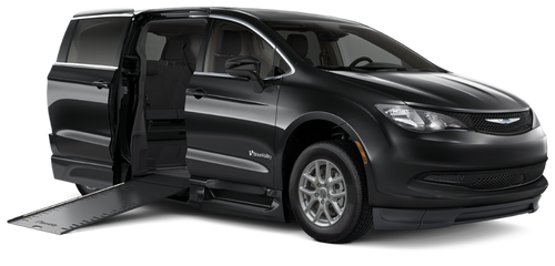 Black Chrysler Pacifica wheelchair accessible van with BraunAbility in-floor ramp deployed.